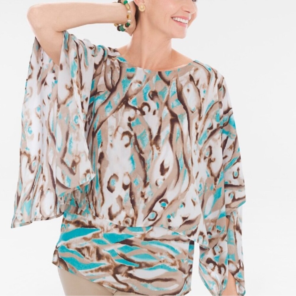 🛑 𝙎𝙊𝙇𝘿 𝙊𝙐𝙏 🛑  𝘾𝙝𝙞𝙘𝙤'𝙨 Travelers Collection Women’s Kimono Style Blouse Size 1 - Picture 2 of 13